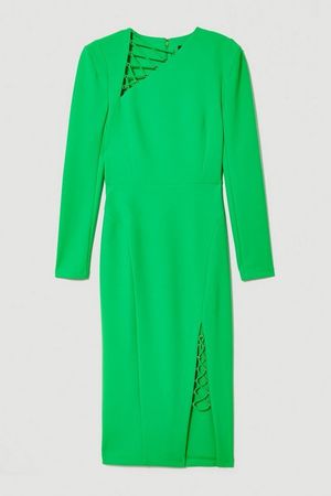 Scuba Crepe Lace Up Detail Woven Maxi Dress | Karen Millen