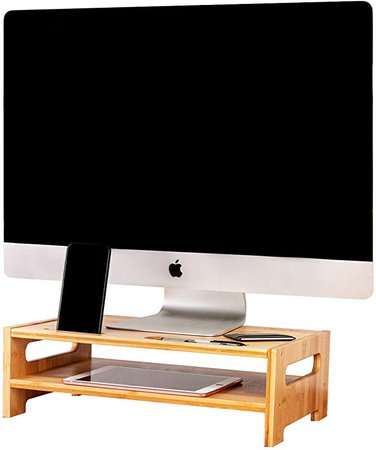 Amazon.com : 2-Tier Bamboo Monitor Stand, Compact Monitor Riser, Computer Desk Organizer, Office Desktop and Laptop Wooden Shelf by Olive Oak : Office Products