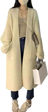 Fashion Women Sweaters Autumn Winter Solid V-Neck Long Coat Cardigan Women Knitted Cardigan at Amazon Women’s Clothing store