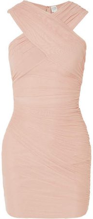 Off-the-shoulder Wrap-effect Ruched Tulle And Bandage Dress - Beige