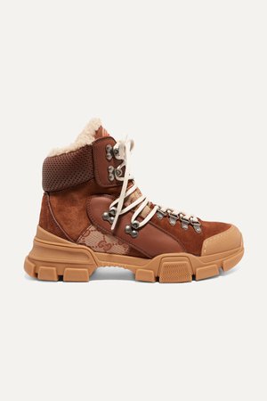Tan Flashtrek faux shearling-trimmed suede, leather and printed coated-canvas boots | Gucci | NET-A-PORTER