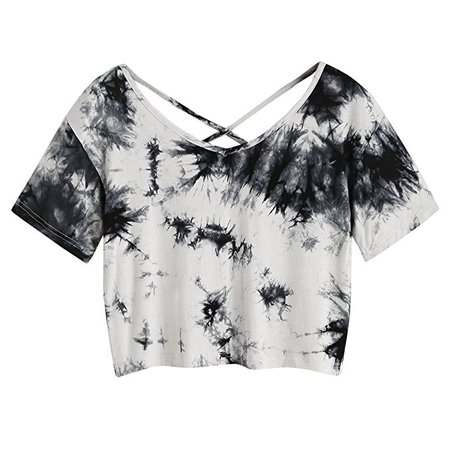 SweatyRocks Women's Tie Dye Criss Cross Back Crop Summer T Shirt, Multicoloured, Small at Amazon Women’s Clothing store: