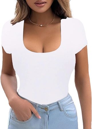 Amazon.com: LIDLIT Backless Square Neck Short Sleeve Bodysuit For Women Slimming Thong Shapewear Bodysuit Basic Casual Tops For Going Out Double Lined Stretchy Shirt White M : Clothing, Shoes & Jewelry