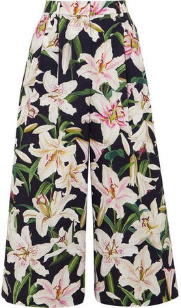 Cropped Floral-print Cotton Wide-leg Pants - Black