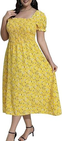 Younrui Women's 2024 Summer Casual Dress Plus Size Smocked Midi Calf Length Puff Sleeve Floral Dresses with Pockets at Amazon Women’s Clothing store