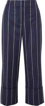 Cropped Striped Wool-blend Wide-leg Pants - Navy