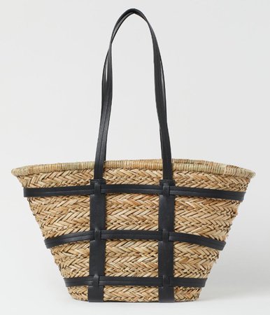 H&M straw bag with black leather straps