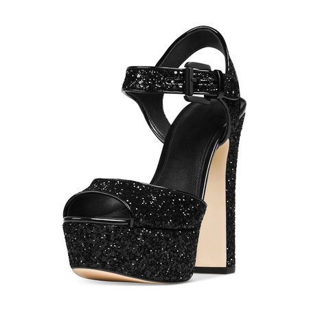 Black Glitter Shoes Peep Toe Block Heel Sandals with Platform for Night club, Date, Honeymoon | FSJ