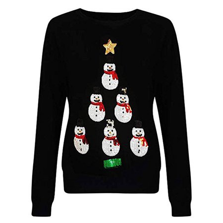 Christmas Pullover Sweater for Womens Long Sleeve Funny Snowman Sequin Casual Loose Tops Jumper at Amazon Women’s Clothing store