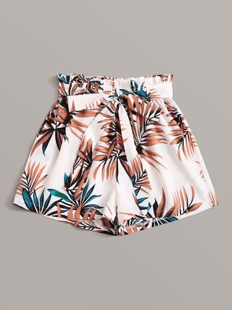 Tropical Print Belted Paperbag Shorts | ROMWE