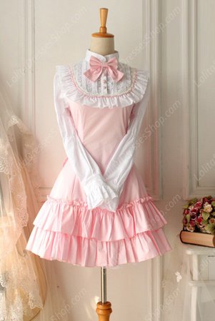 pink and White Doll Collar Long Sleeves Flouncing Classic Lolita Dress