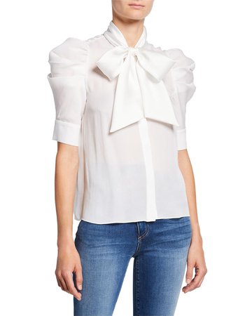 Alice + Olivia Maylee Tie-Neck Puff-Sleeve Button-Down Blouse | Neiman Marcus