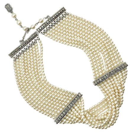 Vintage Christian Dior Seed Pearl and Crystal Choker Necklace 1990s For Sale at 1stDibs