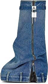 Amazon.com | MissHeel Platform Denim Boots Fold Over Padlock Boots for Women Wide Calf Wedge Knee High Shark Boots Padlock Size 7 | Knee-High
