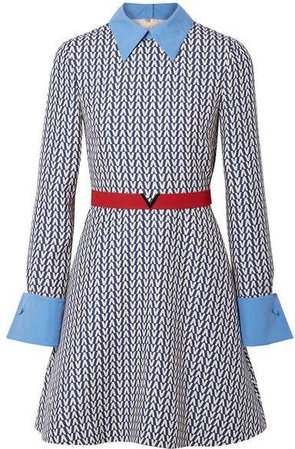 Valentino - Belted Poplin-trimmed Printed Wool And Silk-blend Mini Dress - Blue