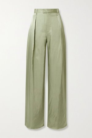 Army green Pleated satin-twill wide-leg pants | Bottega Veneta | NET-A-PORTER