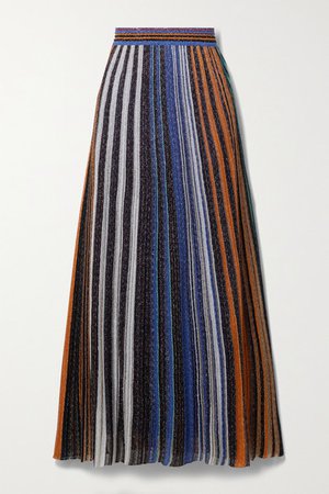 Pleated Striped Metallic Crochet-knit Midi Skirt - Gray