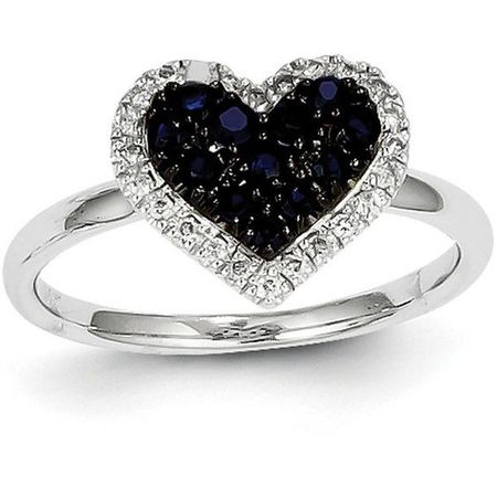 14K White Gold Diamond & Round Sapphire Heart Gemstone Ring