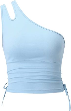 Verdusa Women's Cut Out One Shoulder Sleeveless Drawstring Side Crop Tank Top Light Blue M at Amazon Women’s Clothing store