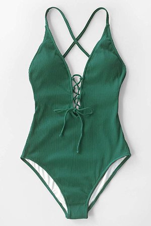 CUPSHE Women's Solid Color V Neck Lace Up One Piece Swimsuit, M Green at Amazon Women’s Clothing store