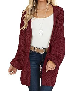 MEROKEETY Women's 2023 Fall Open Front Chunky Knit Sweater Oversized Lantern Sleeve Cardigan Outwear Wine at Amazon Women’s Clothing store
