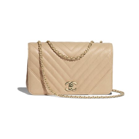 Metallic Grained Calfskin & Gold-Tone Metal Beige Small Flap Bag | CHANEL