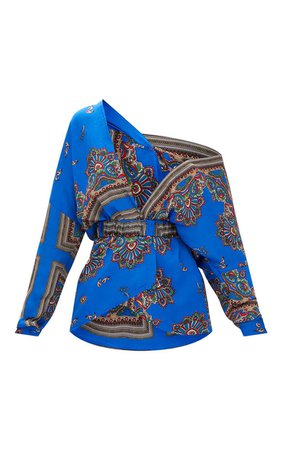 Blue Scarf Print Multi Way Belted Blouse