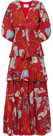 Voila It's Art Shirred Ruffled Floral-print Crepe Maxi Dress