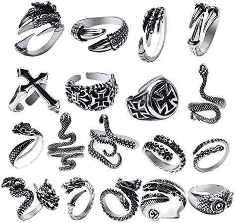 *clipped by @luci-her* KESOCORAY 18 PCS Opening Gothic Punk Rock Rings Diverse Dragon Claw Owl Cross Octopus Snake Rings|Amazon.com