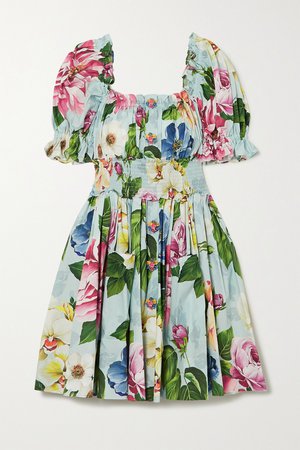 Blue Ruffled shirred floral-print cotton-poplin mini dress | Dolce & Gabbana | NET-A-PORTER