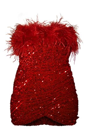 Red Feather Trim Bandeau Sequin Bodycon Dress | PrettyLittleThing USA
