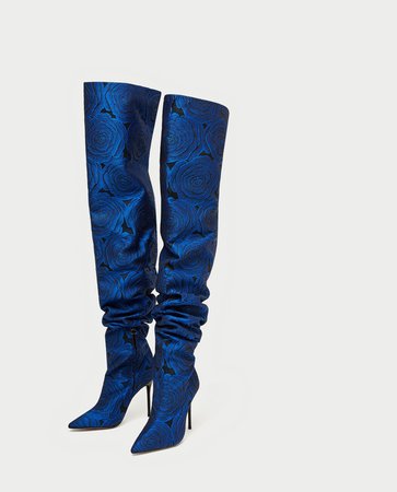 Zara Women Floral print over-the-knee fabric high heel boots