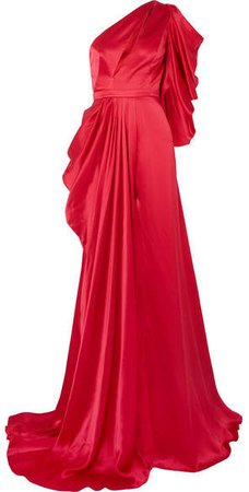 Ong-Oaj Pairam - Evelyn One-shoulder Draped Silk-satin Gown - Red