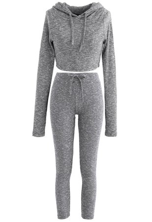 Knit Hooded Crop Top and Leggings Set in Grey - Retro, Indie and Unique Fashion