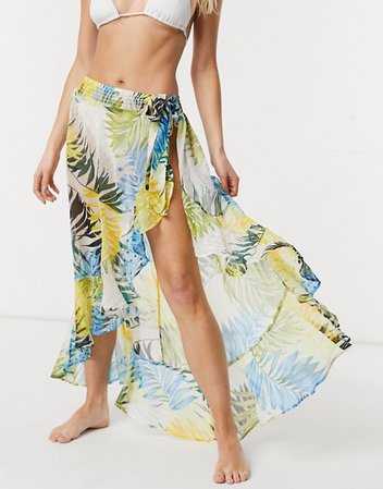 River Island leaf print maxi beach skirt in blue | ASOS