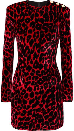 Button-embellished Leopard-print Velvet Mini Dress - Red
