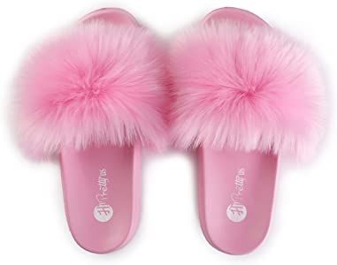 Amazon.com | HIPRETTYUS Women's Faux Fur Slides, Open Toe Cute Fur Slippers, Indoor or Outdoor Comfortable Furry Slide Sandals With Fluffy Fur | Shoes