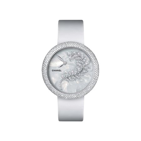 Chanel, mademoiselle privé watch Bijoux de Diamants Plume jewelry, Pearl marquetry and diamonds