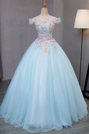 Sky blue tulle princess off shoulder long formal prom dress, long strapless pink flower appliqués evening dress