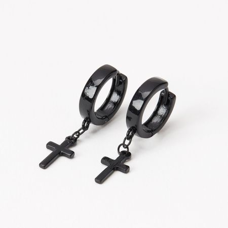 Black 15MM Cross Huggie Hoop Earrings | Claire's US