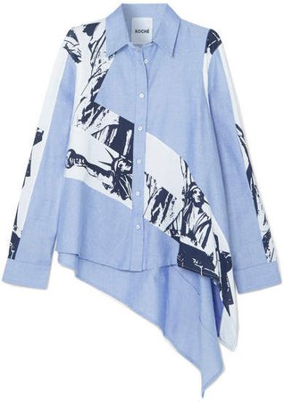 Koché - Oversized Asymmetric Cotton-chambray And Printed Poplin Shirt - Light blue