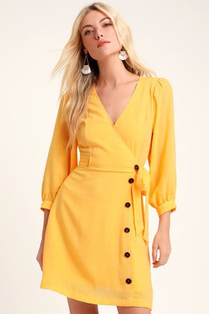 Cute Golden Yellow Dress - Balloon Sleeve Dress -Wrapping Dress