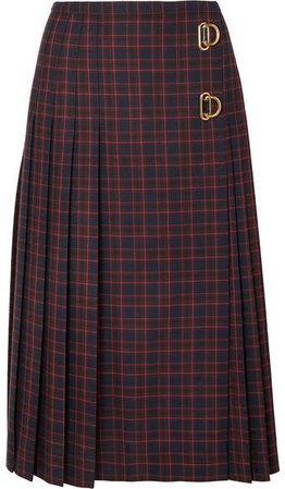 Pleated Checked Wool Skirt - Navy