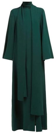 Tie Neck Flared Sleeve Silk Gown - Womens - Green