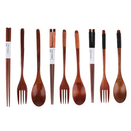 Reusable Travel Camping Utensil Set Wood Spoon Fork Chopstick Easy Carry