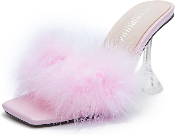 Amazon.com | LIURUIJIA Women's Square Toe High Heel Mule Sandals Fuzzy Heels heels Wedding bridal Party Dress Shoes Photo Like To Take Pictures | Heeled Sandals