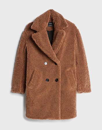 Double-breasted faux shearling coat - Outerwear - Woman | Bershka brown