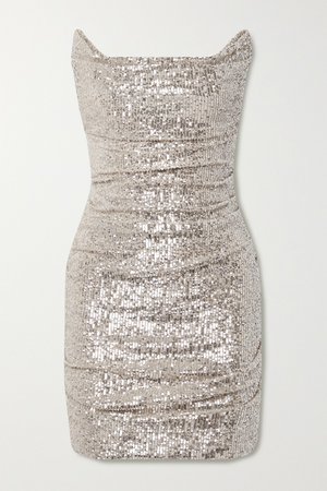 Silver Ruched sequined tulle mini dress | Reem Acra | NET-A-PORTER