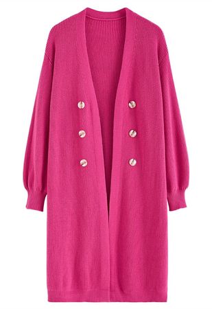Full Ribbed Open Front Longline Cardigan in Hot Pink - Retro, Indie and Unique Fashion