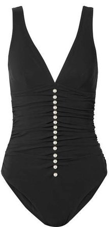 Amma Embellished Ruched Underwired Swimsuit - Black